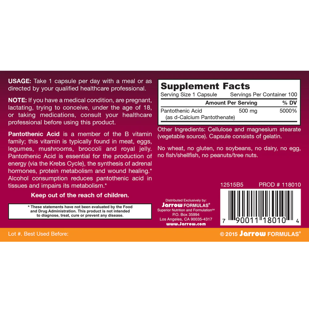 Pantothenic Acid 500mg 100 caps - Image 2